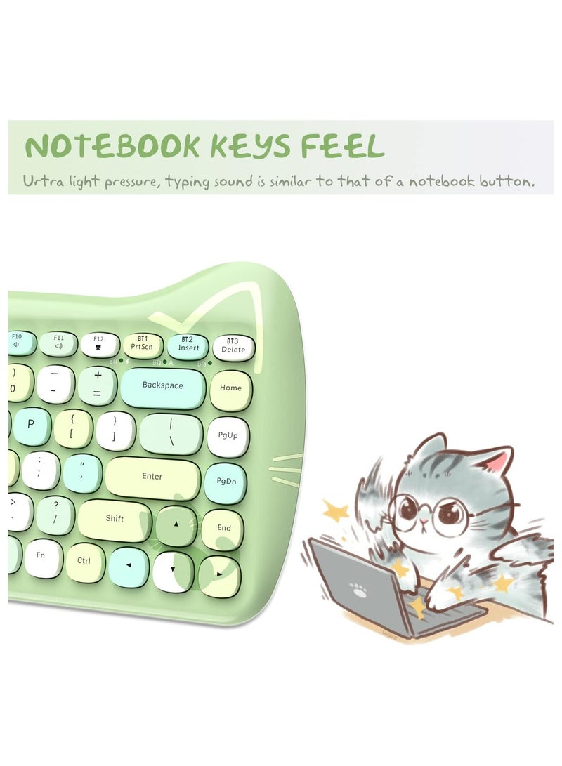 3060i Wireless Cute Computer Keyboard Lovely Cat Retro Silent Slim Bluetooth Keyboard with Typewriter Round Matte Texture Keycap Multi Device Connection for PC Laptop Mac Colorful Green