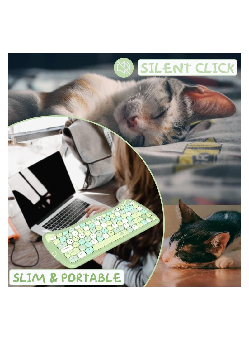 3060i Wireless Cute Computer Keyboard Lovely Cat Retro Silent Slim Bluetooth Keyboard with Typewriter Round Matte Texture Keycap Multi Device Connection for PC Laptop Mac Colorful Green