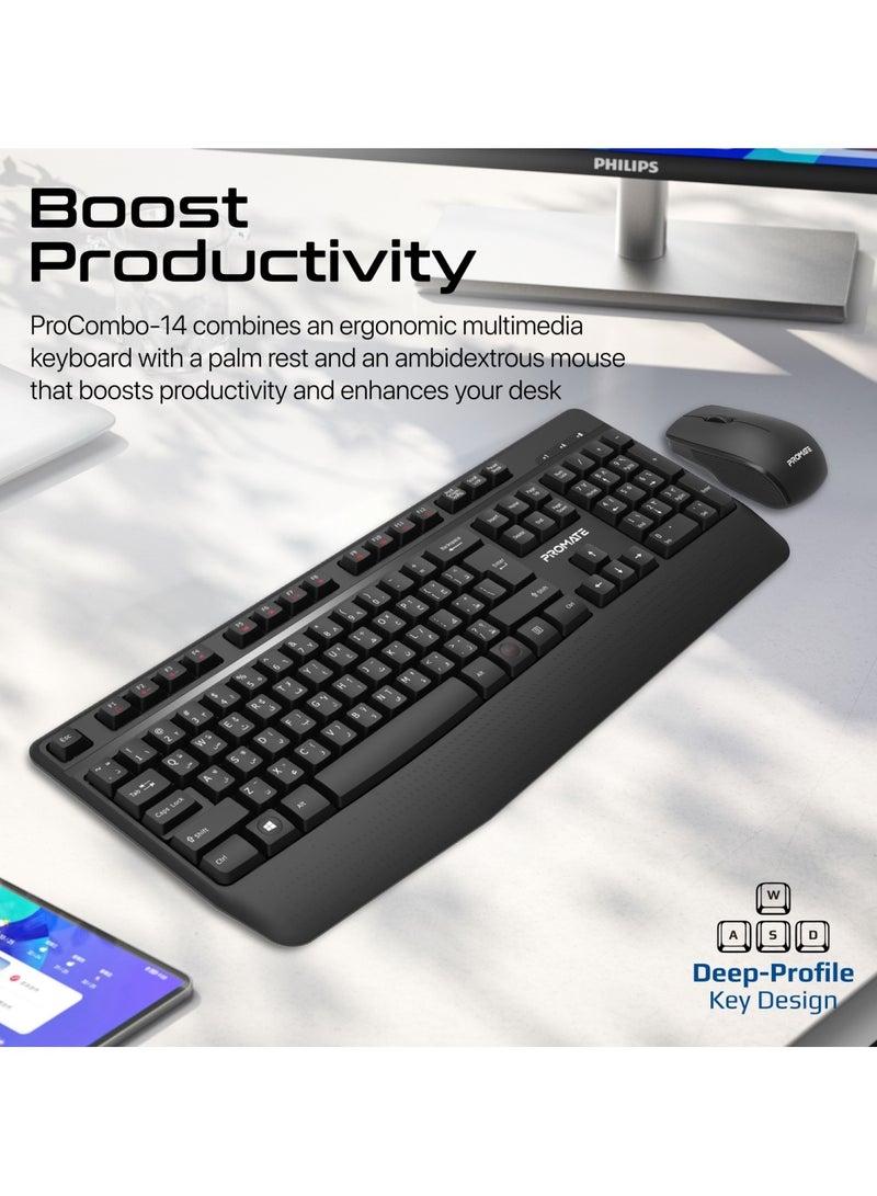 PROMATE - Wireless Keyboard And Mouse Combo, Ergonomic Angled 2.4Ghz Wireless Keyboard With 1200 DPI Ambidextrous Mouse, Wrist Rest, Nano USB Receiver, Media Keys, For iMac, MacBook Air, ASUS, ProCombo-14 Black - Image 1