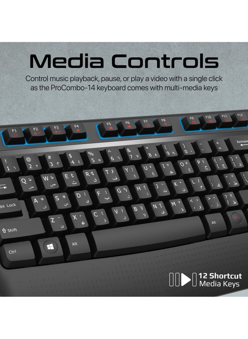 PROMATE - Wireless Keyboard And Mouse Combo, Ergonomic Angled 2.4Ghz Wireless Keyboard With 1200 DPI Ambidextrous Mouse, Wrist Rest, Nano USB Receiver, Media Keys, For iMac, MacBook Air, ASUS, ProCombo-14 Black - Image 1