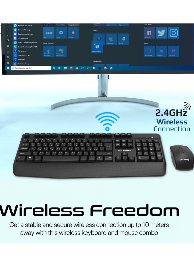 PROMATE - Wireless Keyboard And Mouse Combo, Ergonomic Angled 2.4Ghz Wireless Keyboard With 1200 DPI Ambidextrous Mouse, Wrist Rest, Nano USB Receiver, Media Keys, For iMac, MacBook Air, ASUS, ProCombo-14 Black - Image 1