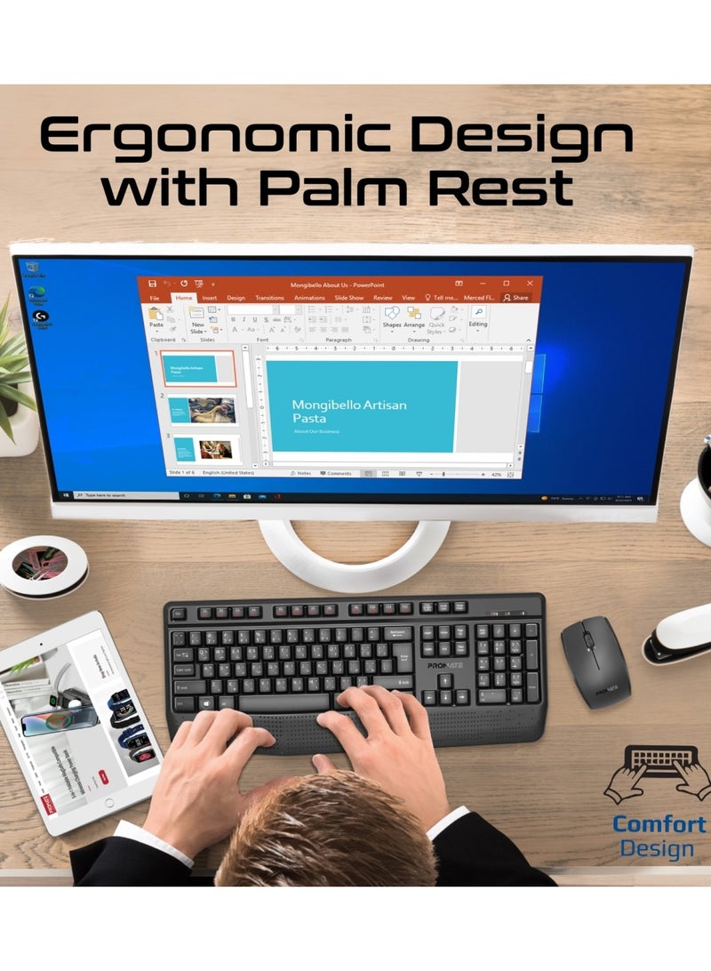 PROMATE - Wireless Keyboard And Mouse Combo, Ergonomic Angled 2.4Ghz Wireless Keyboard With 1200 DPI Ambidextrous Mouse, Wrist Rest, Nano USB Receiver, Media Keys, For iMac, MacBook Air, ASUS, ProCombo-14 Black - Image 1