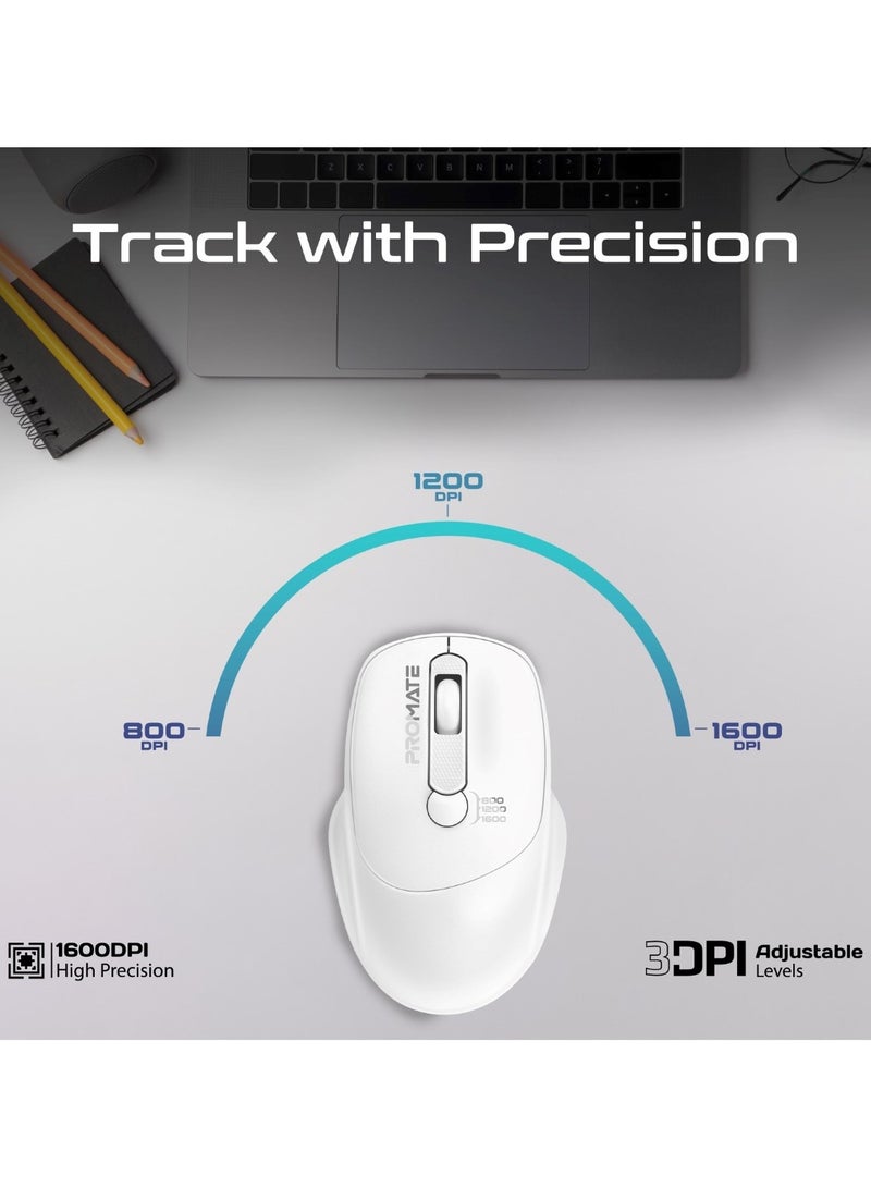 PROMATE - Wireless Mouse, EZGrip Ergonomic Ambidextrous 2.4GHz Wireless Mice With Adjustable 1600DPI, 6 Million Keystrokes, Nano USB Receiver, 10M Range And 120-Hour Working Time For Laptops, PC, UniGlide White - Image 1