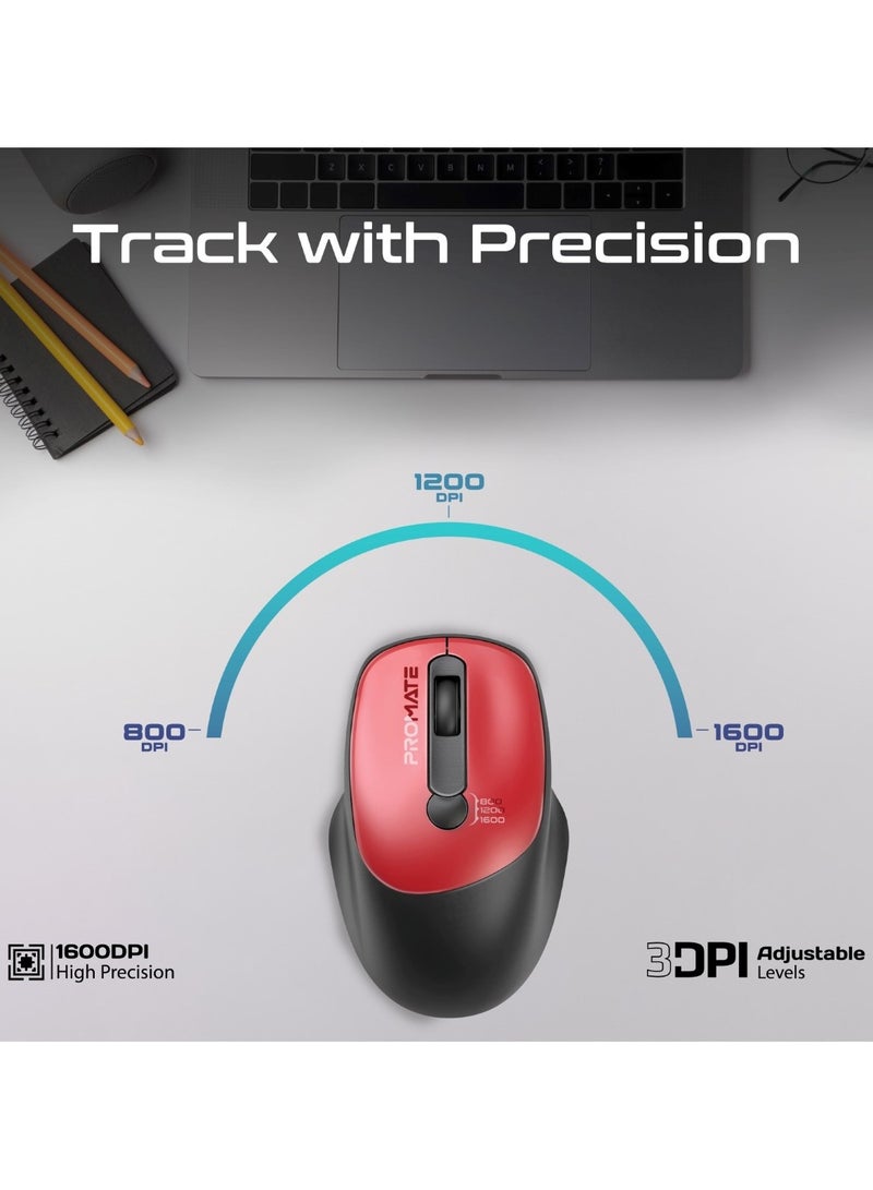 بروميت Wireless Mouse, EZGrip Ergonomic Ambidextrous 2.4GHz Wireless Mice With Adjustable 1600DPI, 6 Million Keystrokes, Nano USB Receiver, 10M Range And 120-Hour Working Time For Laptops, PC, UniGlide Red - Image 3