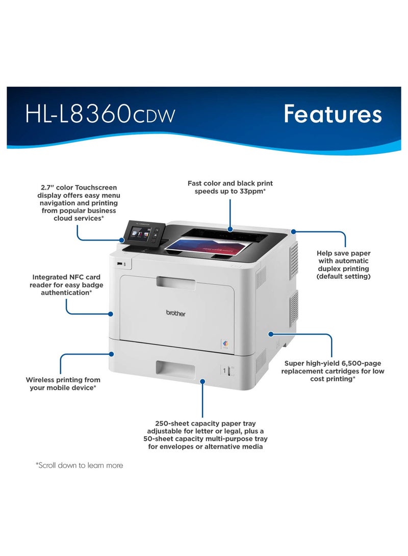 brother Printer HL-L8360CDW Wireless Color laser LCD A4 Printer Wired Network USB 31 Ppm White - Image 2