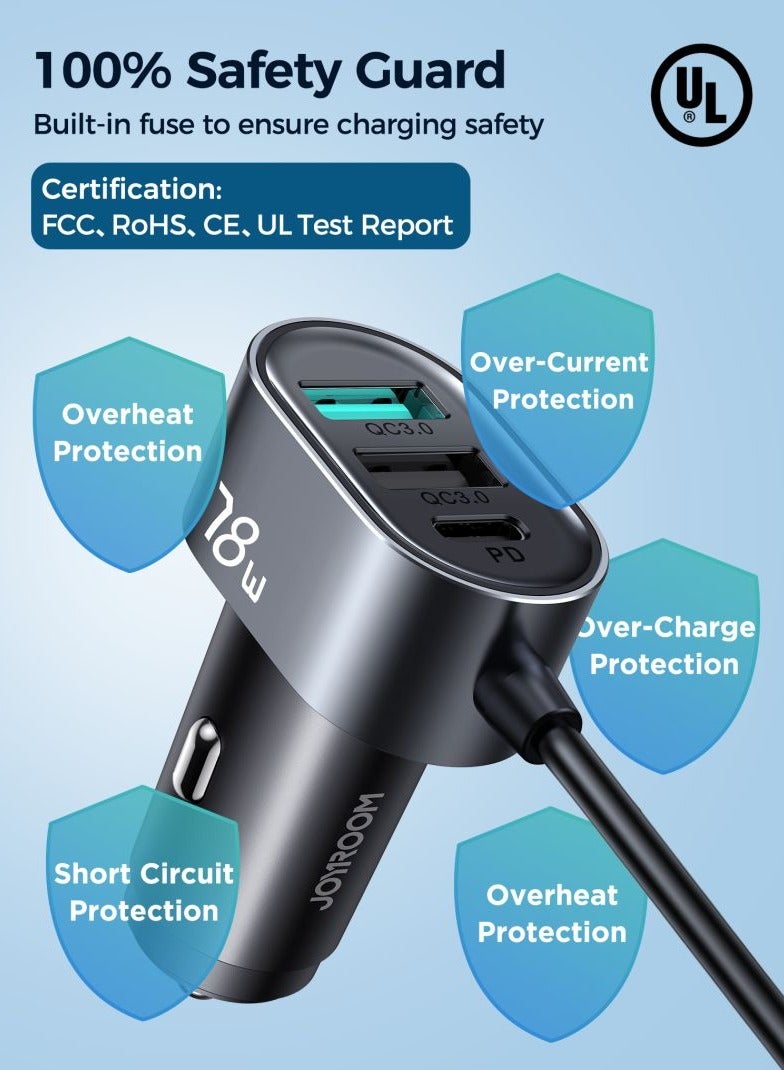 جوي روم - شاحن سيارة متعدد المنافذ 78 وات JR-CL05 5 في 1 USB C مع شحن سريع وموزع تمديد 1.5 متر، ولاعة سجائر السيارة الذكية يمكنها شحن أجهزة متعددة باللون الأسود - Image 1