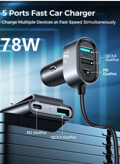 جوي روم شاحن سيارة متعدد المنافذ 78 وات JR-CL05 5 في 1 USB C مع شحن سريع وموزع تمديد 1.5 متر، ولاعة سجائر السيارة الذكية يمكنها شحن أجهزة متعددة باللون الأسود  - Image 2