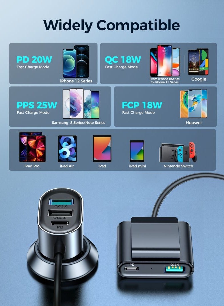 78W JR-CL05 5-in-1 Multi-Pport Car Charger USB C With Fast Charging 1.5M Extension Splitter Smart Car Cigarette Lighter Can Charge Multiple Devices Black - pnsku/N70029301V/45/_/1702270939/5ce4f1ac-0b70-4639-a266-bbb9b06eaaea