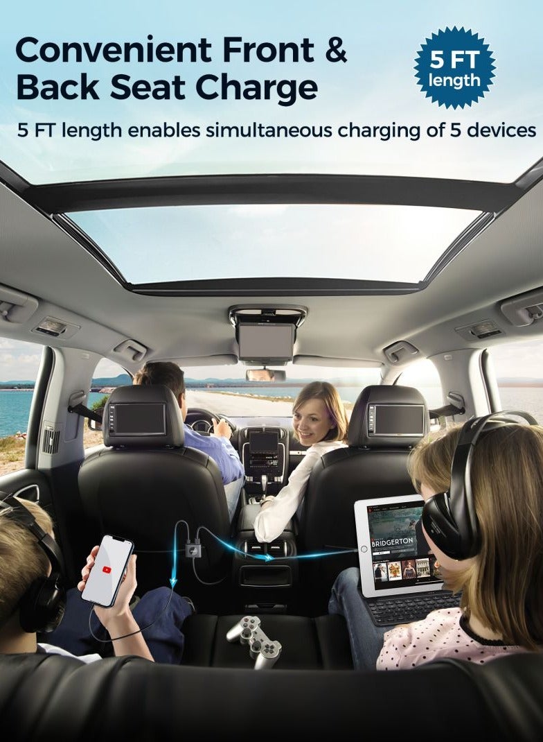 جوي روم - شاحن سيارة متعدد المنافذ 78 وات JR-CL05 5 في 1 USB C مع شحن سريع وموزع تمديد 1.5 متر، ولاعة سجائر السيارة الذكية يمكنها شحن أجهزة متعددة باللون الأسود - Image 1