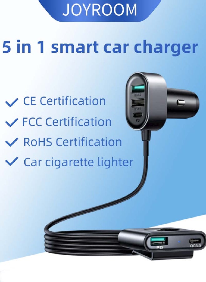 جوي روم - شاحن سيارة متعدد المنافذ 78 وات JR-CL05 5 في 1 USB C مع شحن سريع وموزع تمديد 1.5 متر، ولاعة سجائر السيارة الذكية يمكنها شحن أجهزة متعددة باللون الأسود - Image 1