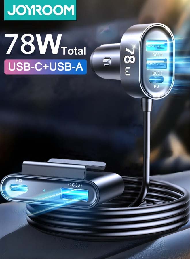 جوي روم - شاحن سيارة متعدد المنافذ 78 وات JR-CL05 5 في 1 USB C مع شحن سريع وموزع تمديد 1.5 متر، ولاعة سجائر السيارة الذكية يمكنها شحن أجهزة متعددة باللون الأسود - Image 1