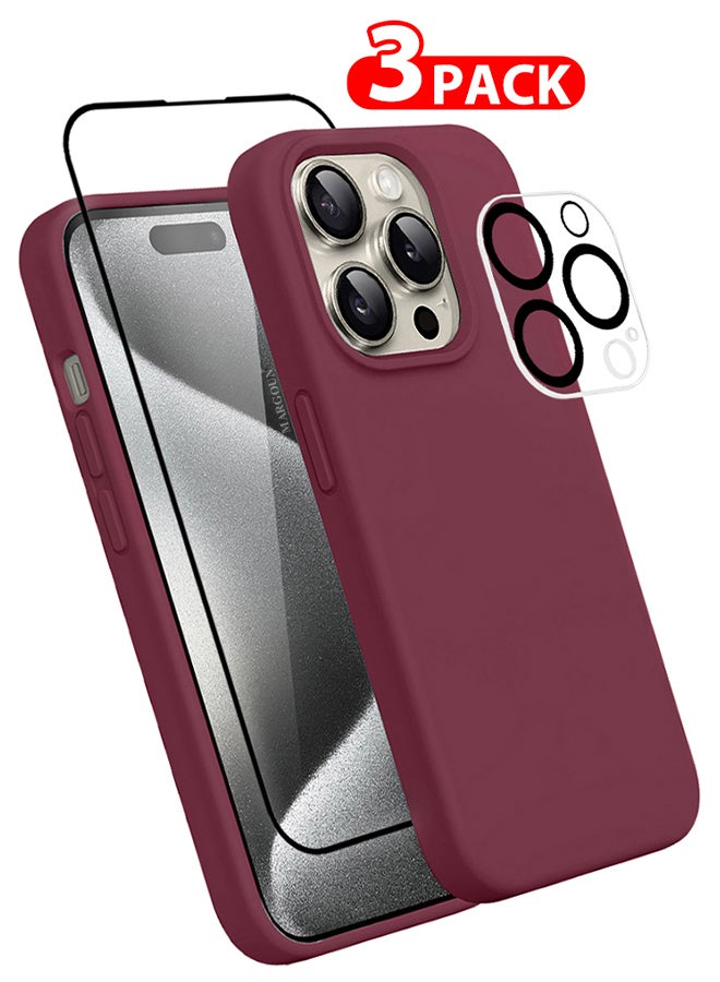 MARGOUN 3 Packs For iPhone 15 Pro Max Case Screen Protector And Camera Lens Protector Upgrade Defender Silicone Cover ShockProof Anti-Scratch Protective Phone Case Dark Red  - Image 1