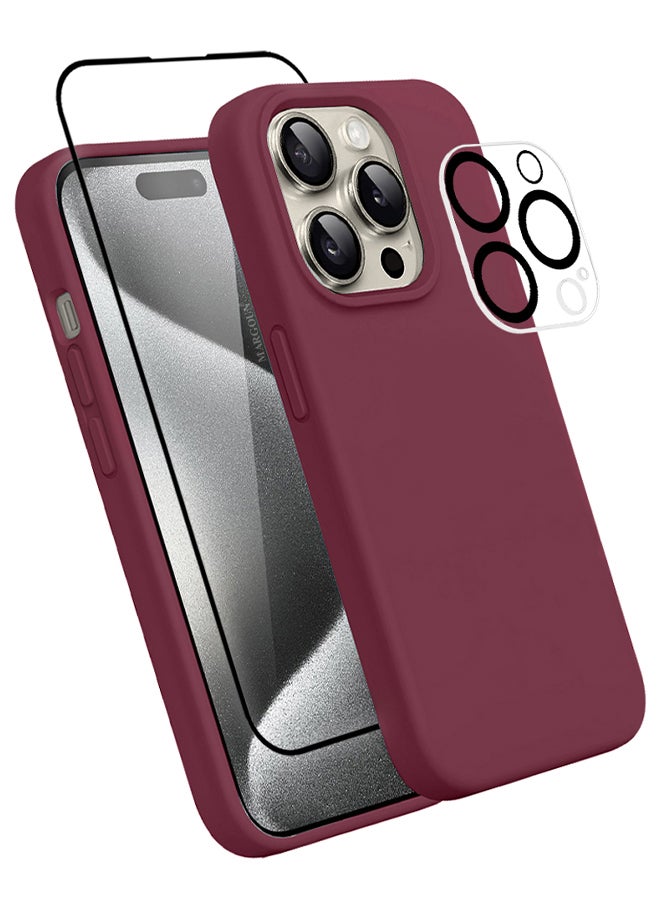 MARGOUN 3 Packs For iPhone 15 Pro Max Case Screen Protector And Camera Lens Protector Upgrade Defender Silicone Cover ShockProof Anti-Scratch Protective Phone Case Dark Red  - Image 2