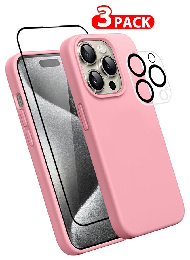 MARGOUN 3 Packs For iPhone 15 Pro Max Case Screen Protector And Camera Lens Protector Upgrade Defender Silicone Cover ShockProof Anti-Scratch Protective Phone Case Pink  - Image 1