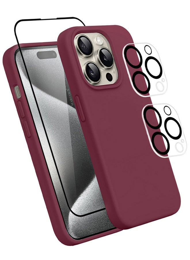 MARGOUN 4 Packs For iPhone 15 Pro Max Case Screen Protector And 2 Camera Lens Protectors Upgrade Defender Silicone Cover ShockProof Anti-Scratch Protective Phone Case Dark Red - Image 2