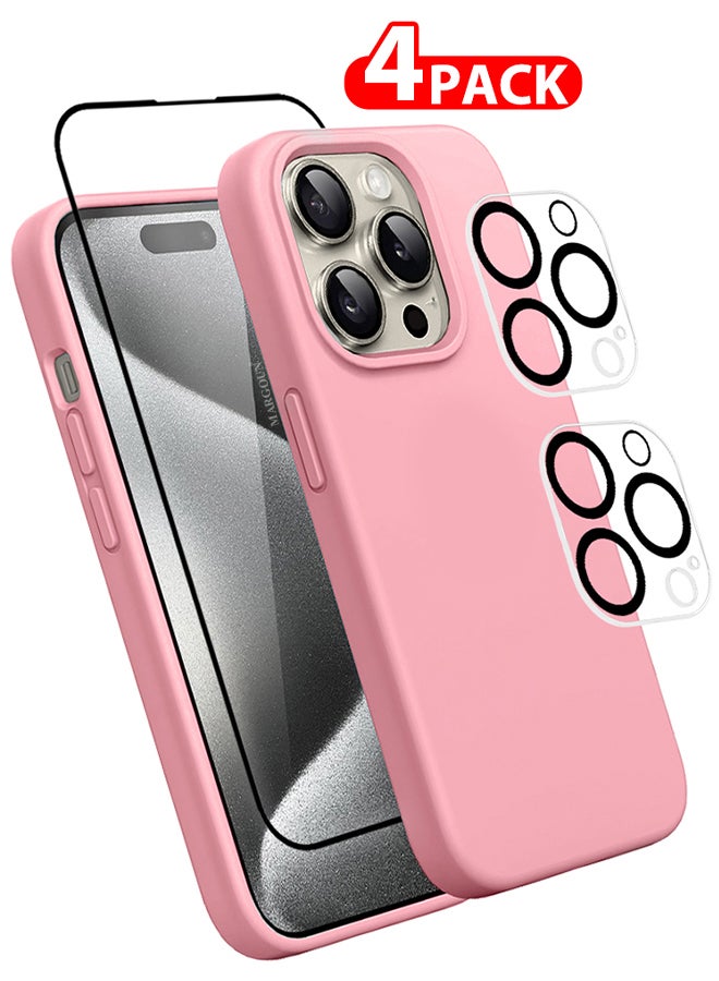 MARGOUN 4 Packs For iPhone 15 Pro Max Case Screen Protector And 2 Camera Lens Protectors Upgrade Defender Silicone Cover ShockProof Anti-Scratch Protective Phone Case Pink - Image 1