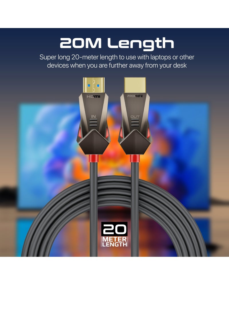 بروميت - بروميت كابل HDMI 2.0، 4K@60 هرتز HDMI إلى HDMI أحادي الاتجاه، دعم فيديو ثلاثي الأبعاد، عرض نطاق ترددي 18 جيجابت في الثانية، إيثرنت، كابل ألياف بصرية 20 متر وموصلات مطلية بالذهب أسود - Image 1