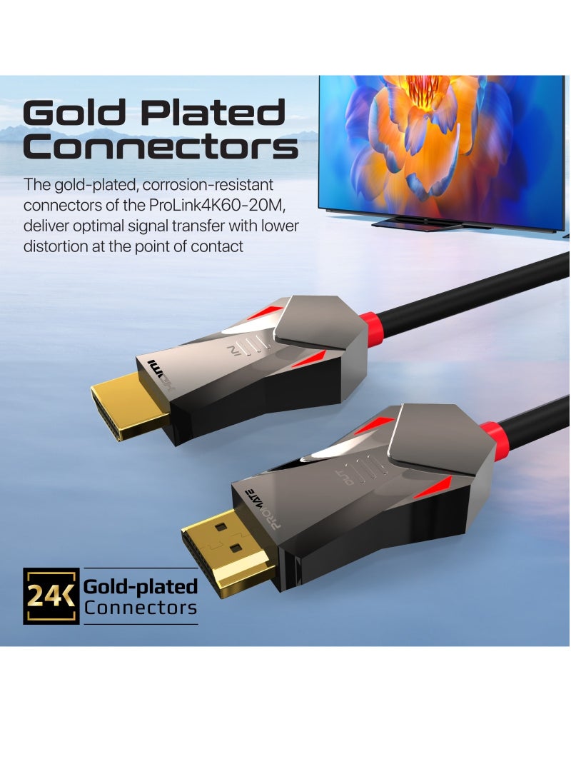 بروميت - بروميت كابل HDMI 2.0، 4K@60 هرتز HDMI إلى HDMI أحادي الاتجاه، دعم فيديو ثلاثي الأبعاد، عرض نطاق ترددي 18 جيجابت في الثانية، إيثرنت، كابل ألياف بصرية 20 متر وموصلات مطلية بالذهب أسود - Image 1