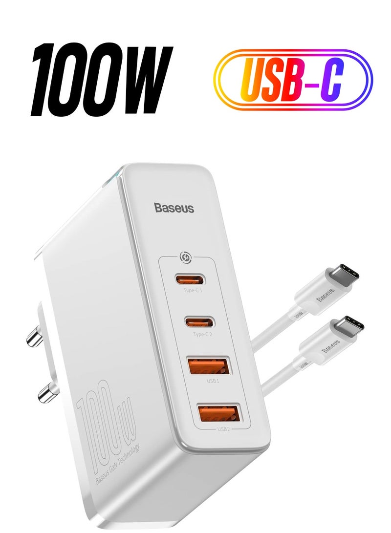 Baseus - USB C Charger 100W, 4-Ports PD PPS Power Supply Fast Charger With GaN, Charging Adapter For MacBook Pro/Air, iPhone 15/14/13/12, iPad Pro, Galaxy S23, Laptop, Steam Deck, Apple Watch Etc White - Image 1