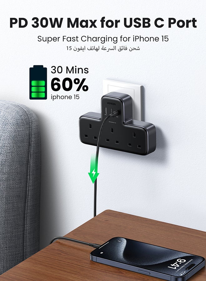 يو جرين - 6 في 1 قطاع الطاقة حامي زيادة التيار، قابس تمديد متعدد 3 مقابس تيار متردد، شاحن USB C سريع 3 منافذ USB، محطة شحن USB موسع ثلاثية المملكة المتحدة للمطبخ، ملحقات المكتب المنزلي باللون الأسود - Image 1