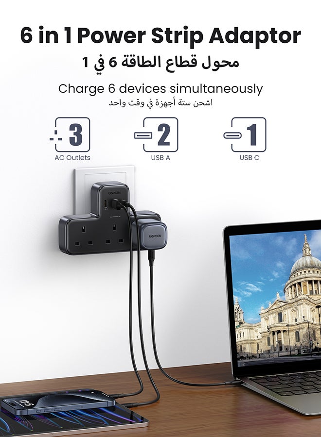 يو جرين - 6 في 1 قطاع الطاقة حامي زيادة التيار، قابس تمديد متعدد 3 مقابس تيار متردد، شاحن USB C سريع 3 منافذ USB، محطة شحن USB موسع ثلاثية المملكة المتحدة للمطبخ، ملحقات المكتب المنزلي باللون الأسود - Image 1