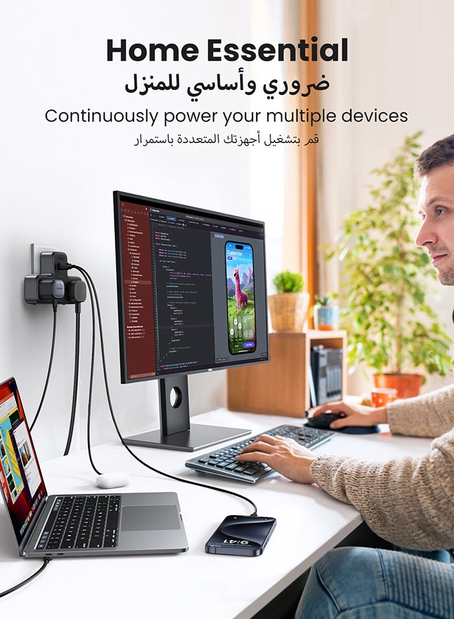يو جرين - 6 في 1 قطاع الطاقة حامي زيادة التيار، قابس تمديد متعدد 3 مقابس تيار متردد، شاحن USB C سريع 3 منافذ USB، محطة شحن USB موسع ثلاثية المملكة المتحدة للمطبخ، ملحقات المكتب المنزلي باللون الأسود - Image 1