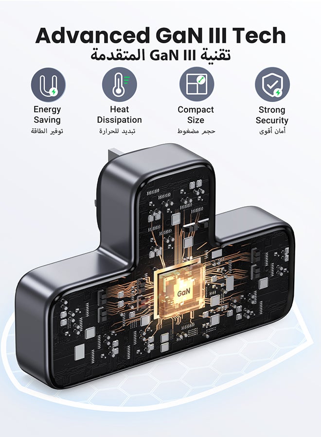 يو جرين - 6 في 1 قطاع الطاقة حامي زيادة التيار، قابس تمديد متعدد 3 مقابس تيار متردد، شاحن USB C سريع 3 منافذ USB، محطة شحن USB موسع ثلاثية المملكة المتحدة للمطبخ، ملحقات المكتب المنزلي باللون الأسود - Image 1