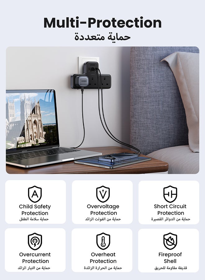 يو جرين - 6 في 1 قطاع الطاقة حامي زيادة التيار، قابس تمديد متعدد 3 مقابس تيار متردد، شاحن USB C سريع 3 منافذ USB، محطة شحن USB موسع ثلاثية المملكة المتحدة للمطبخ، ملحقات المكتب المنزلي باللون الأسود - Image 1