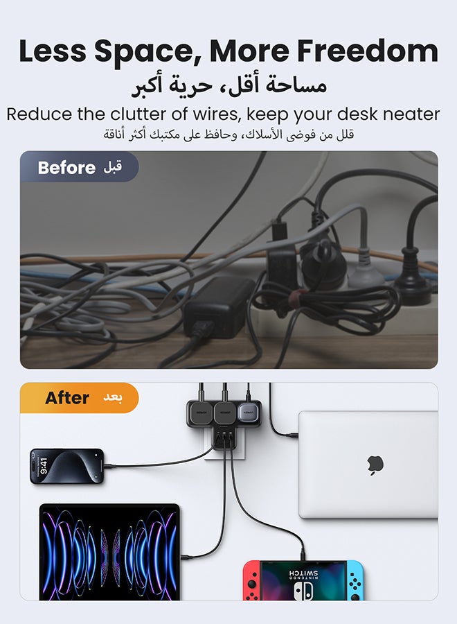 يو جرين - 6 في 1 قطاع الطاقة حامي زيادة التيار، قابس تمديد متعدد 3 مقابس تيار متردد، شاحن USB C سريع 3 منافذ USB، محطة شحن USB موسع ثلاثية المملكة المتحدة للمطبخ، ملحقات المكتب المنزلي باللون الأسود - Image 1