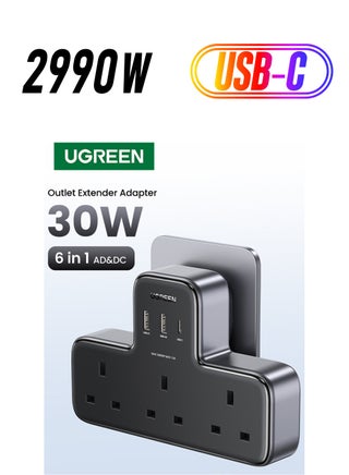 6 IN 1 Power Strip Surge Protector Extension Plug Multiple 3 AC Outlet Sockets, USB C Fast Charger 3 USB Ports, Triple UK Plug Extender USB Charging Station for Kitchen, Home Office Accessories