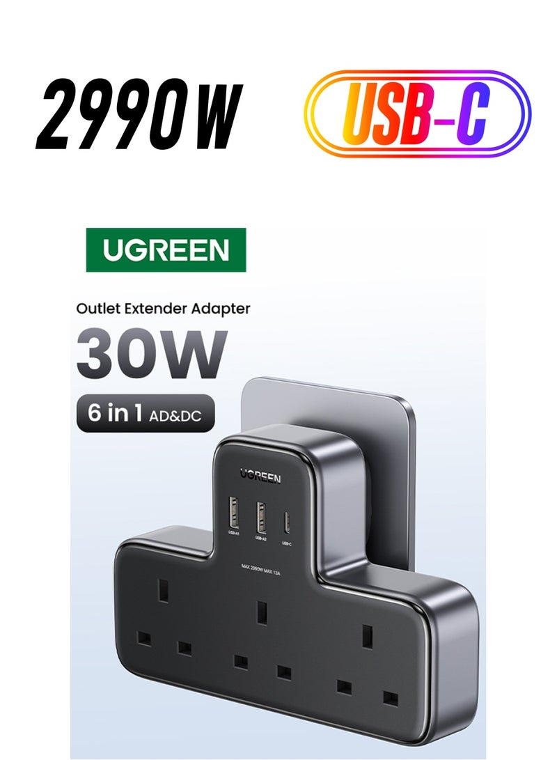 يو جرين - 6 في 1 قطاع الطاقة حامي زيادة التيار، قابس تمديد متعدد 3 مقابس تيار متردد، شاحن USB C سريع 3 منافذ USB، محطة شحن USB موسع ثلاثية المملكة المتحدة للمطبخ، ملحقات المكتب المنزلي باللون الأسود - Image 1