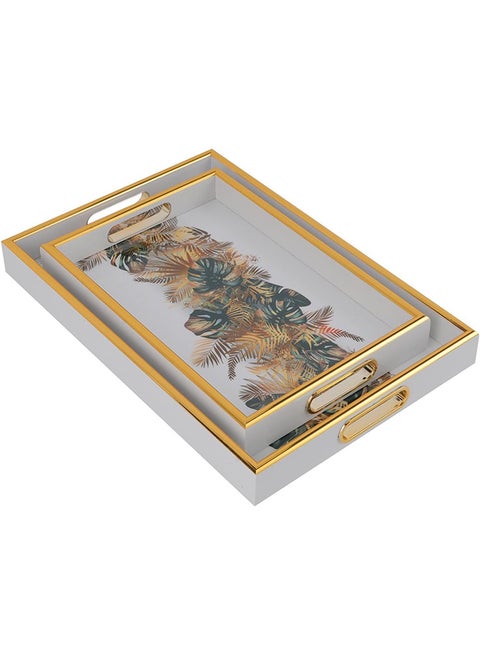 2-Piece Arabic Style Tray Set Elegant White Gold Finish With Handles Stackable Easy to Clean Convenient to Store 25.0cm