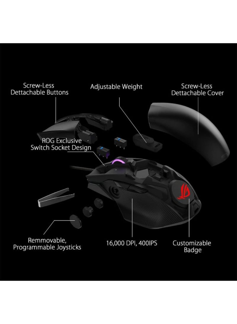 أسوس - ماوس الألعاب P511 ROG Chakram Core يتميز بعصا تحكم قابلة للبرمجة ومستشعر متقدم بدقة 16000 نقطة في البوصة وتصميم مقابس التبديل القابلة للضبط ووزن قابل للتعديل والتخفي ولقطات الشاشة الفورية وإضاءة Aura Sync - أسود - Image 1