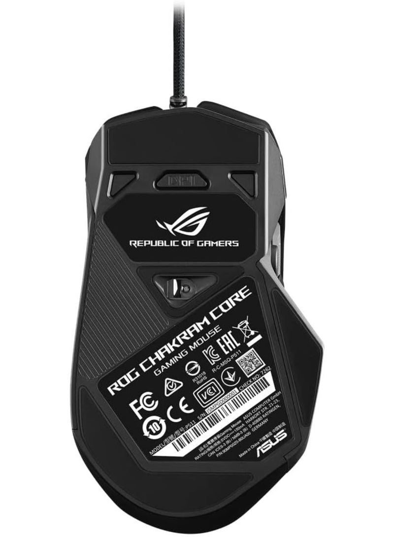أسوس - ماوس الألعاب P511 ROG Chakram Core يتميز بعصا تحكم قابلة للبرمجة ومستشعر متقدم بدقة 16000 نقطة في البوصة وتصميم مقابس التبديل القابلة للضبط ووزن قابل للتعديل والتخفي ولقطات الشاشة الفورية وإضاءة Aura Sync - أسود - Image 1