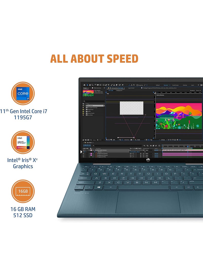 HP - Pavilion x360 Laptop With 14-Inch Display, Core i7 Processor/16GB RAM/512GB SSD/Intel Iris Xe Graphics/Pen/Windows 11 Home English/Arabic Spruce Blue - Image 1