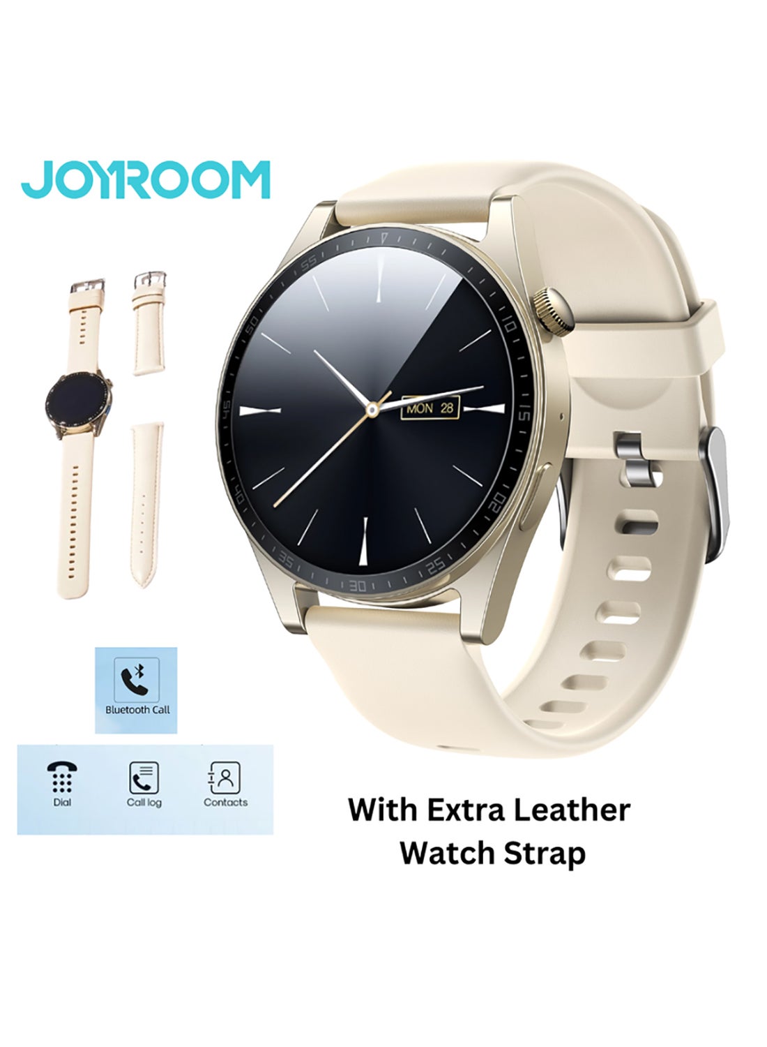 JOYROOM 220 mAh JR-FC2 Smart Watch Can Make and Receive Calls 1.32-inch HD Screen Bluetooth Connection Fitness Monitoring For Men and Women Compatible With Apple and Android Metal Silicone Strap Champagne Gold 