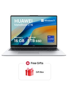 Matebook D16 Laptop With 16-Inch Eye Comfort FullView Display, Ultra Slim, Core i9-13900H Processor/16GB RAM/1TB SSD/Windows 11 Home + Launch Gift English/Arabic Mystic Silver