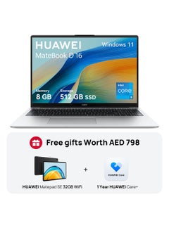 MateBook D 16 Laptop with 16-inch Display, Intel Core i5 12th Gen-12450H Processor/8GB RAM/512GB SSD/Windows 11 Home With FREE HUAWEI MatePad SE Tablet + HUAWEI Care/ English/Arabic Mystic Silver