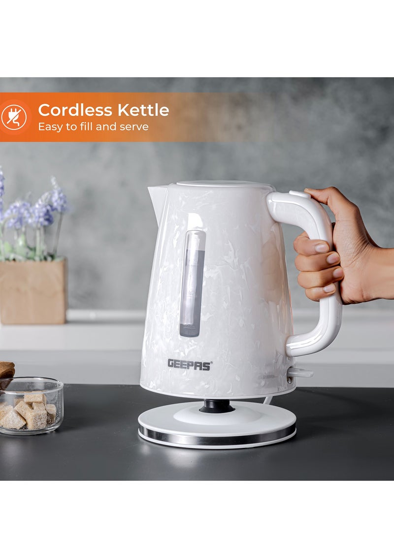 GEEPAS - 1.7L Electric Kettle With Automatic Cut-Off, 360 Degree Rotation, Boil & Dry Protection, Cordless For Easy Of Use, 1 Filter, External Water Level Indicator, Automatic/Manual Switch Off 1.7 L 2200 W GK38067UK-WT White - Image 1