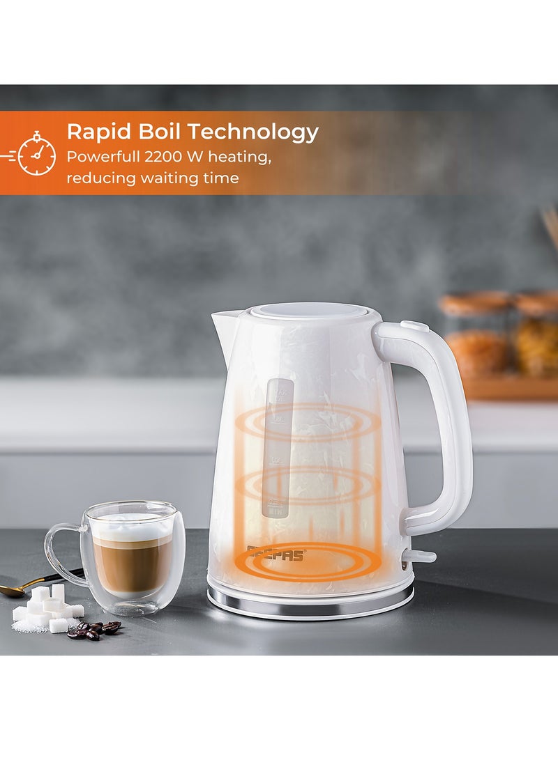 GEEPAS - 1.7L Electric Kettle With Automatic Cut-Off, 360 Degree Rotation, Boil & Dry Protection, Cordless For Easy Of Use, 1 Filter, External Water Level Indicator, Automatic/Manual Switch Off 1.7 L 2200 W GK38067UK-WT White - Image 1