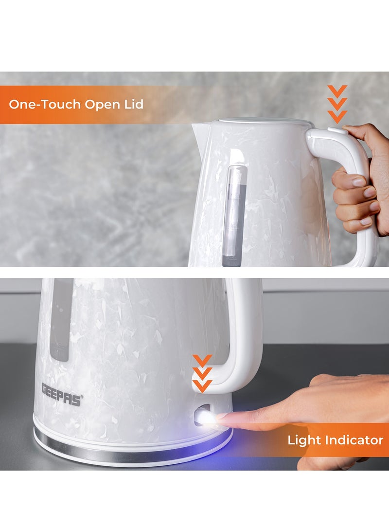 GEEPAS - 1.7L Electric Kettle With Automatic Cut-Off, 360 Degree Rotation, Boil & Dry Protection, Cordless For Easy Of Use, 1 Filter, External Water Level Indicator, Automatic/Manual Switch Off 1.7 L 2200 W GK38067UK-WT White - Image 1