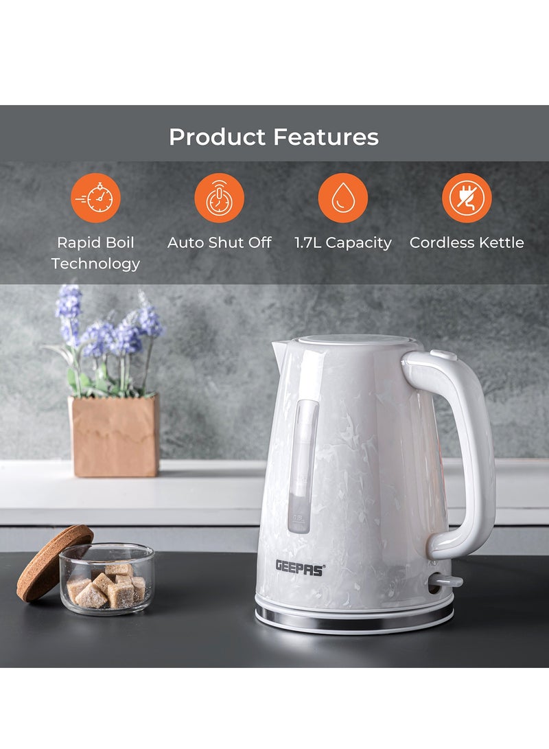 GEEPAS - 1.7L Electric Kettle With Automatic Cut-Off, 360 Degree Rotation, Boil & Dry Protection, Cordless For Easy Of Use, 1 Filter, External Water Level Indicator, Automatic/Manual Switch Off 1.7 L 2200 W GK38067UK-WT White - Image 1