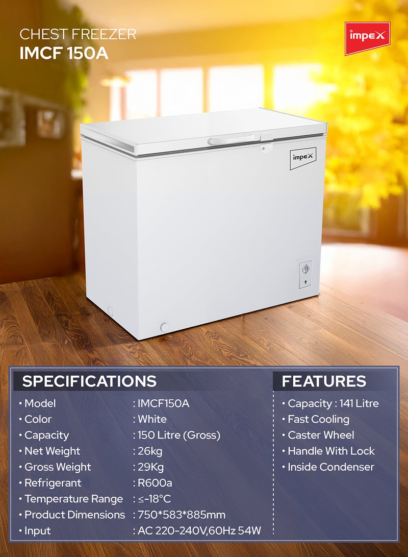 Chest Freezer, Energy Efficient Refrigeration System With Lamp, Grip Handle, Lock And Key, Ideal For Home And Restaurants 150L 54W IMCF 150A 150 L 54 W IMCF 150A White