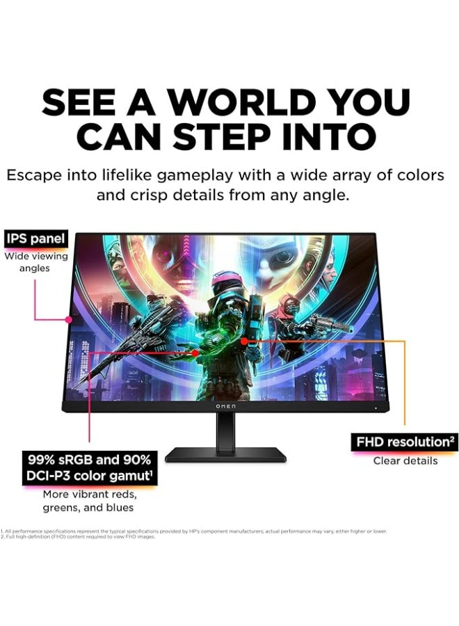 HP - OMEN 24 Gaming Monitor, 23.8 Inch, 1920 x 1080 (FHD), IPS, Flat, 165Hz, 1ms, 300 nits, FreeSync Premium, DisplayPort and 2x HDMI 2.0, Eyesafe certified, 780D9AS Black - Image 1