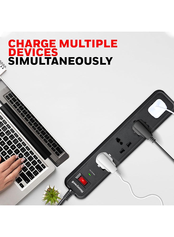Honeywell - Surge Protector, 4 Universal Sockets, 2 Meter Cord, 15000Amp, Device Secure Warranty, Automatic Overload Protection, Spike Guard/Extension Board, Master Switch Black - Image 1