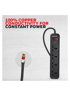 Honeywell Surge Protector, 4 Universal Sockets, 2 Meter Cord, 15000Amp, Device Secure Warranty, Automatic Overload Protection, Spike Guard/Extension Board, Master Switch Black  - Image 4