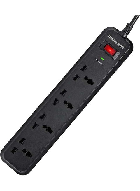 Surge Protector, 4 Universal Sockets, 2 Meter Cord, 15000Amp, Device Secure Warranty, Automatic Overload Protection, Spike Guard/Extension Board, Master Switch Black