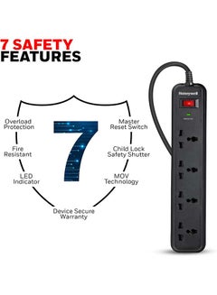 Honeywell Surge Protector, 4 Universal Sockets, 2 Meter Cord, 15000Amp, Device Secure Warranty, Automatic Overload Protection, Spike Guard/Extension Board, Master Switch Black  - Image 3