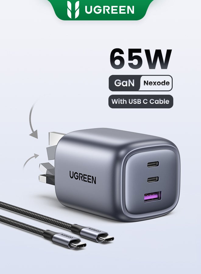 Ugreen Nexode GaN 65W USB C Charger 3Ports Foldable Laptop Charger Type C Fast Wall Charger Plug Compatible With MacBook Pro Air HP Dell Lenovo iPad iPhone 16 15 Pro Max Galaxy S24 23 Ultra Xiaomi SLR Grey 