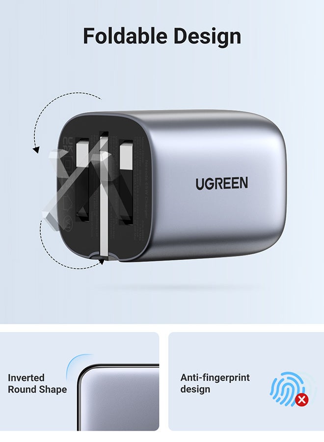 يو جرين - شاحن Nexode GaN بقدرة 65 وات USB C، شاحن كمبيوتر محمول قابل للطي بثلاثة منافذ من النوع C، قابس شاحن حائط سريع متوافق مع MacBook Pro/Air، HP/Dell/Lenovo، iPad، iPhone 15 Pro Max، Galaxy S24 23، كاميرا Steam Deck SLR رمادي - Image 1